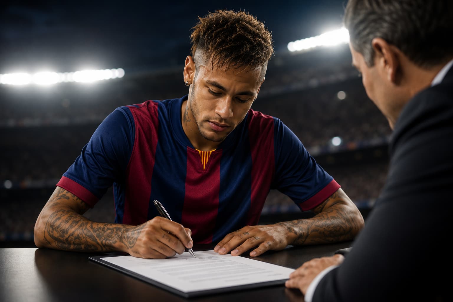 Soccer player in a Barca-style jersey signs a document at a table as a man in a suit watches nearby in a stadium setting.