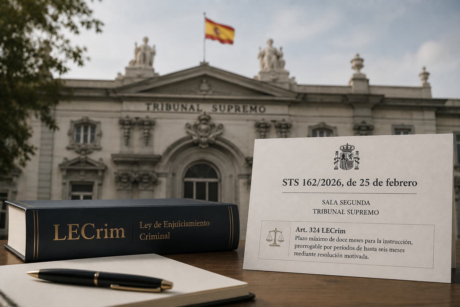 Lecrim Desk setup with a Spanish criminal procedure book (LECrim) and a formal STS document on a wooden table, with the Tribunal Supremo building in the background.
