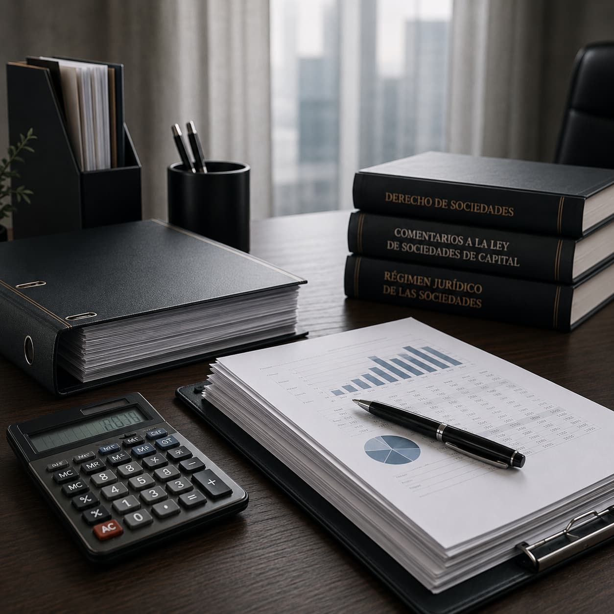 alcancematerial-blog Desk setup with legal books, a binder of documents, calculator, and stacked charts-ready reports on a dark wood surface.