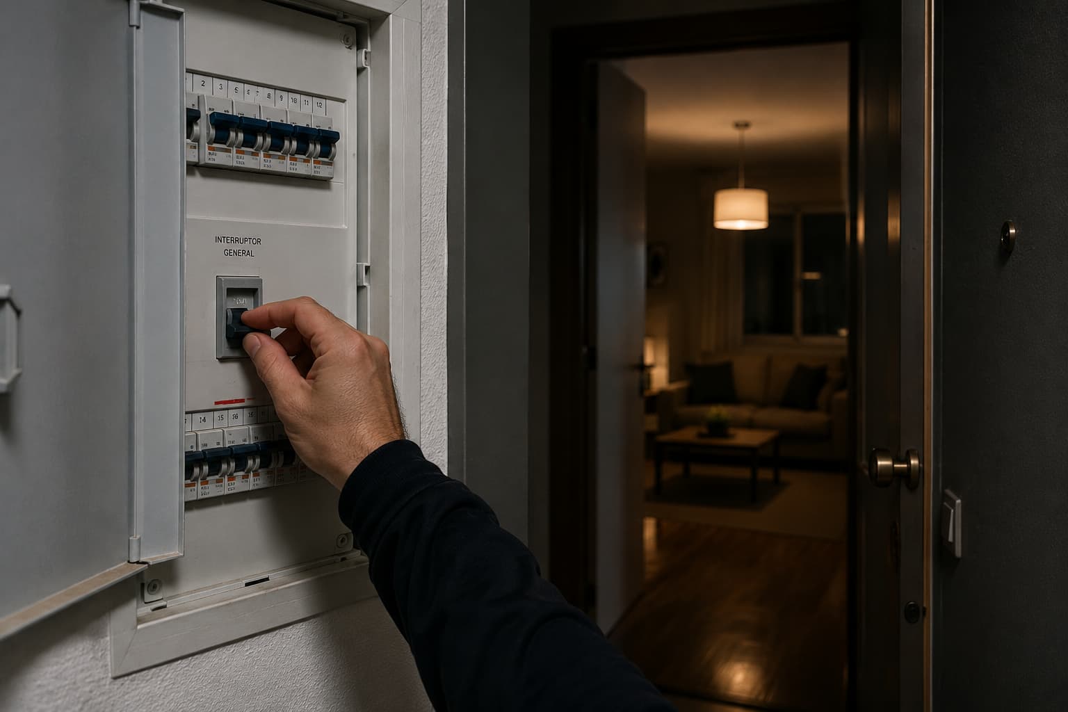 A person's hand flips the main breaker on a wall-mounted electrical panel, with a dim hallway and a living room visible through an open door in the background.