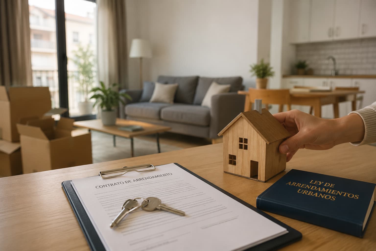 recuperacion-vivienda Hand places a wooden house model on a table beside a rental contract and keys in a bright living room with moving boxes in the background.